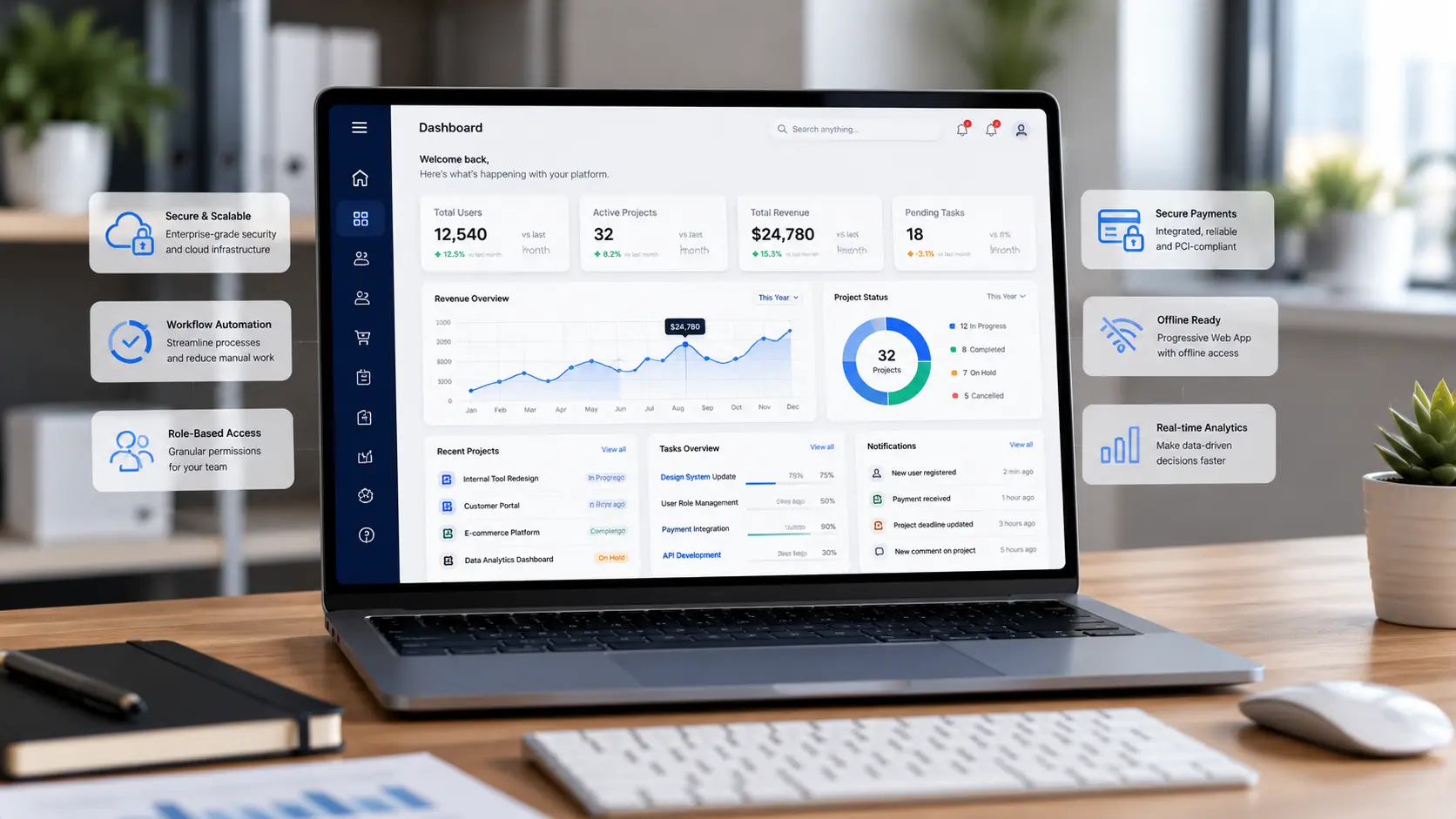 Custom web application dashboard on a laptop screen