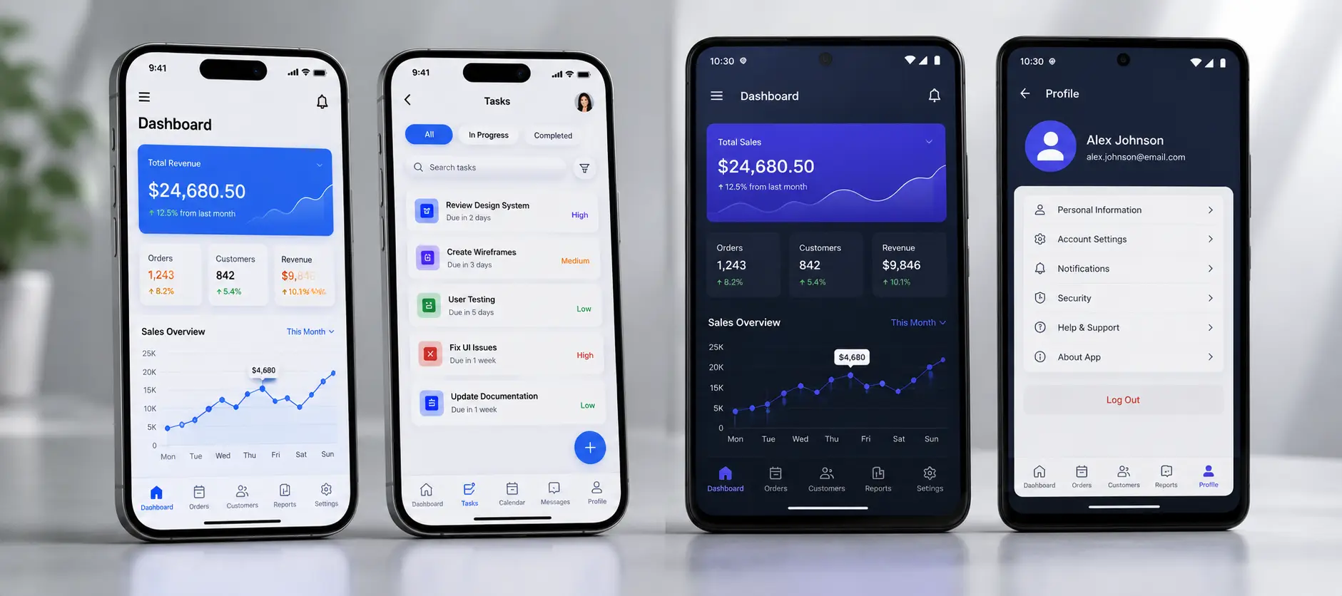 Native iOS and Android app screens on multiple devices