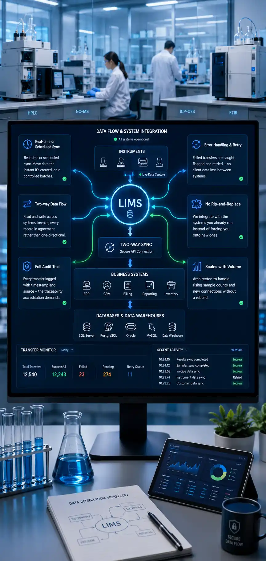 Laboratory data flowing between LIMS and connected business systems on screen