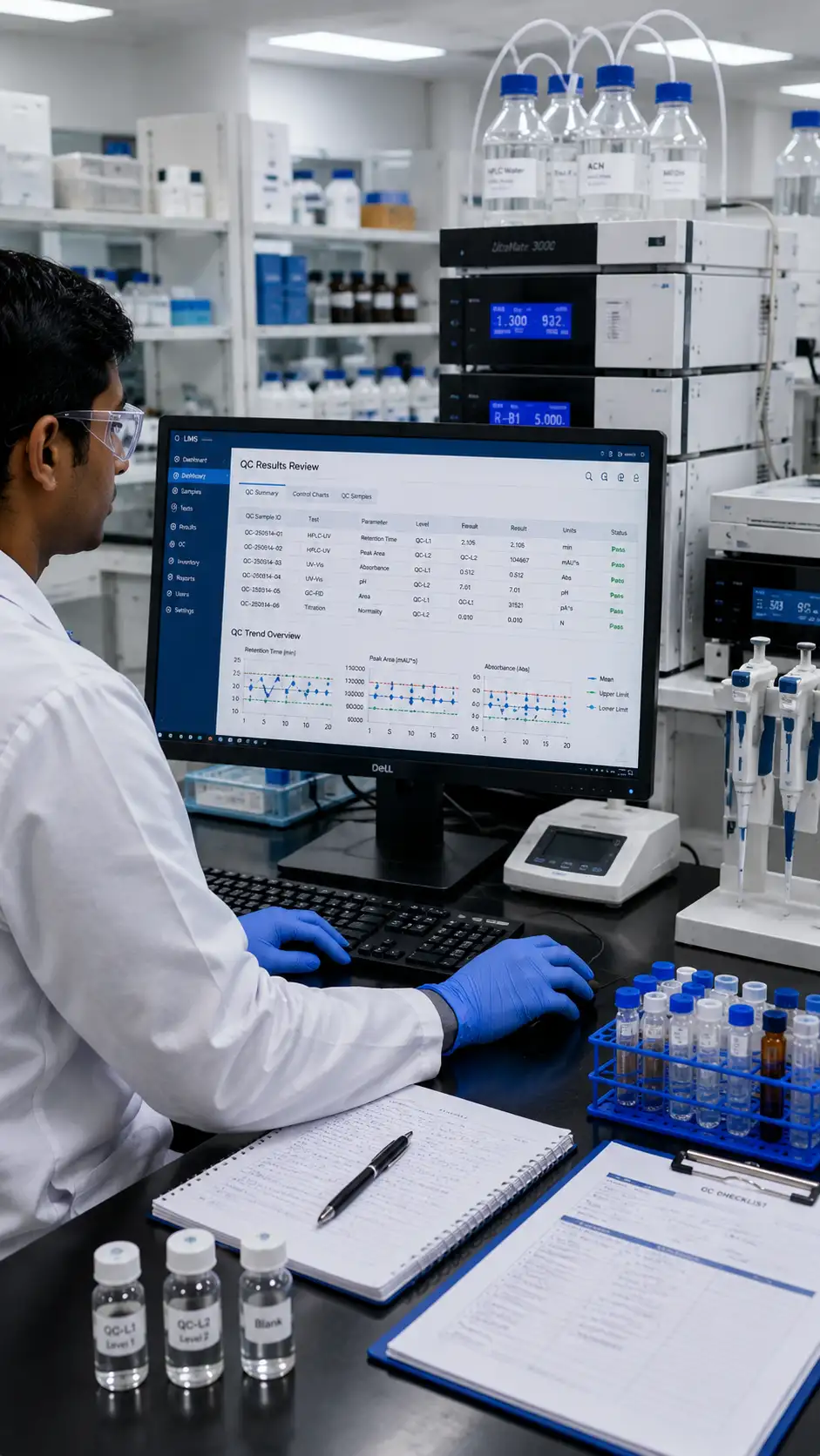 Analyst reviewing QC results on a LIMS terminal beside benchtop instruments