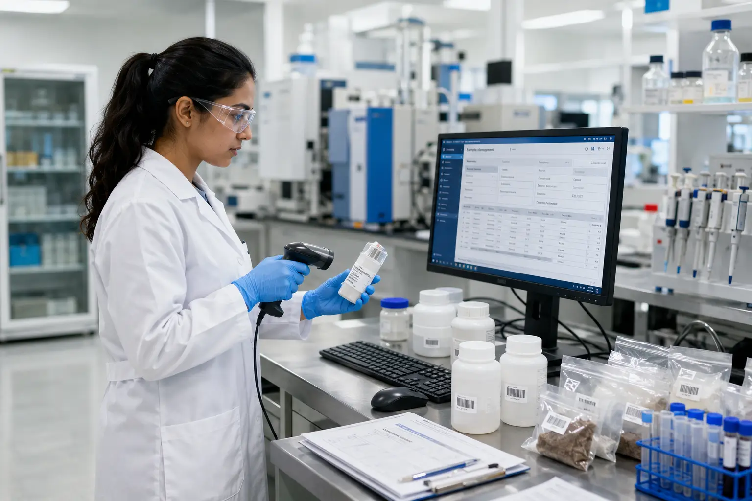 Laboratory analyst logging samples into a LIMS at the bench